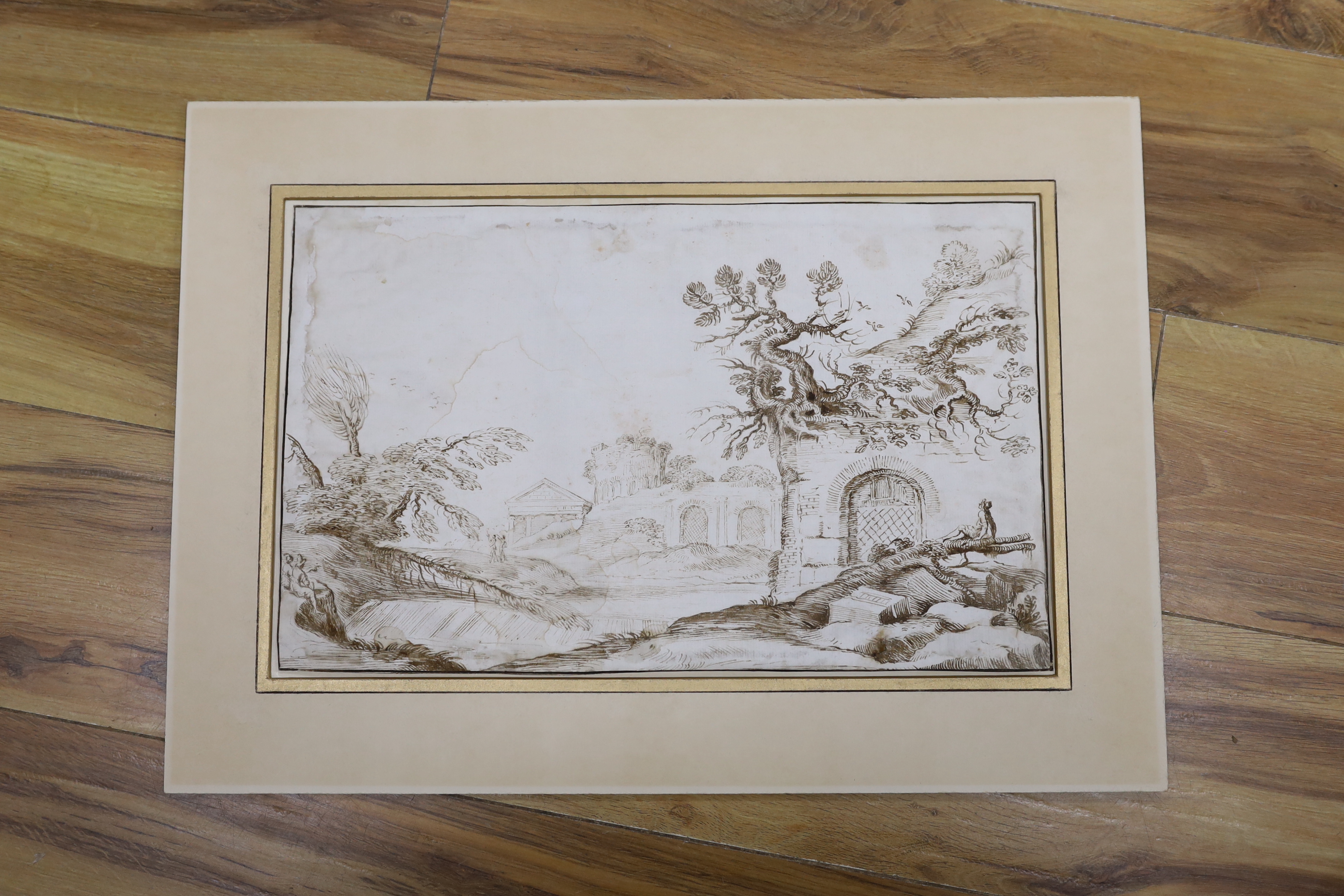 18th century Italian, old master sepia ink sketch, Landscape with ruins, mounted, 25 x 40cm, unframed